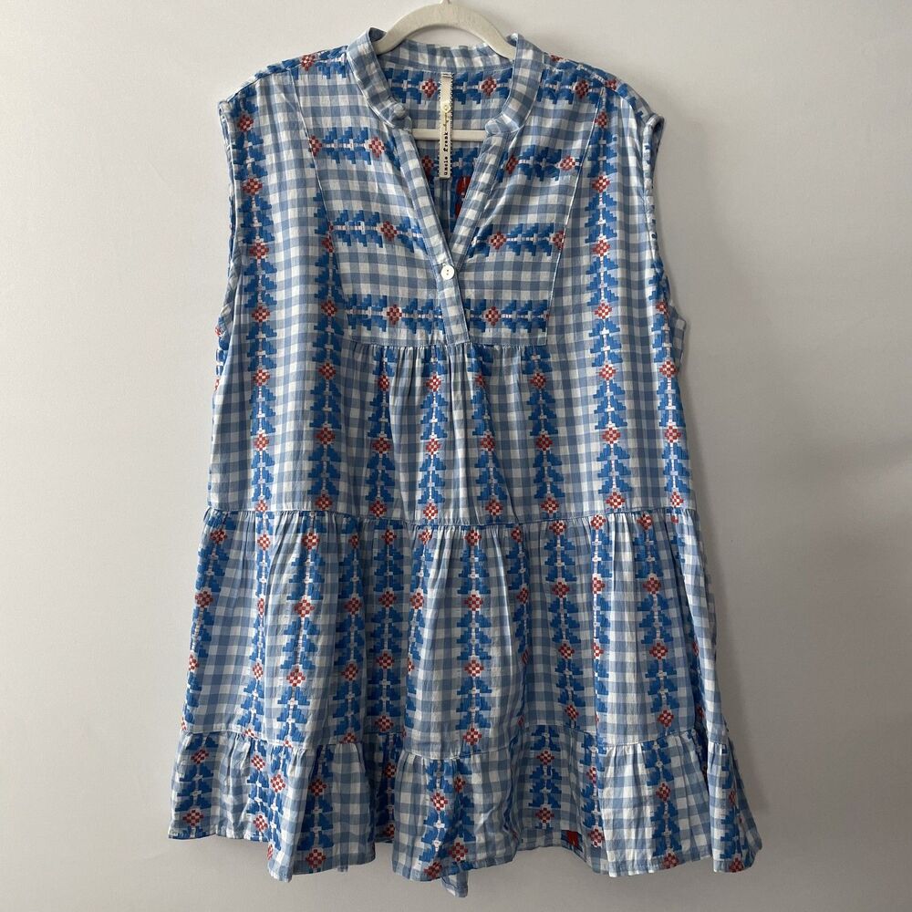 Uncle Frank Sleeveless Tiered Tunic Dress Gingham Blue Red Women Size XL-dp